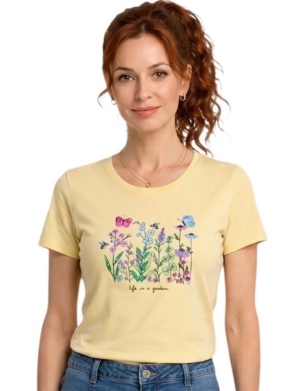 Kim Rogers Life Is Good Yellow Wildflower Butterfly Short Sleeve T-Shirt Size L